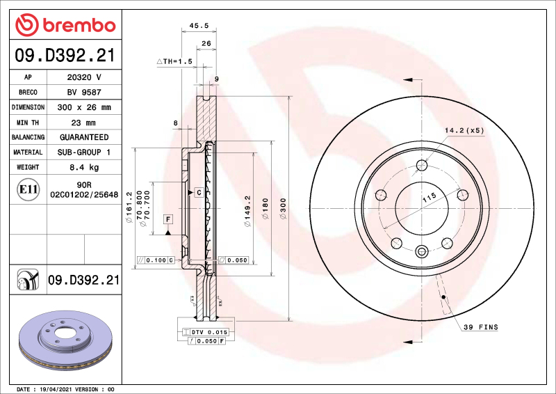 Chevrolet Cruze Brake Rotor (1) - Front - Brembo OE - UV Coated - `14-`15